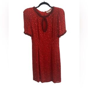 OLEG CASSINI BLACK TIE Vintage 80s Sequin Beaded Keyhole Mini Dress 6 *RARE*